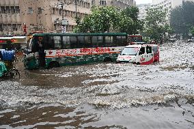 Waterlogged Streets Caused Heavy Rainfall In Dhaka.