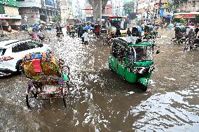 Waterlogged Streets Caused Heavy Rainfall In Dhaka.