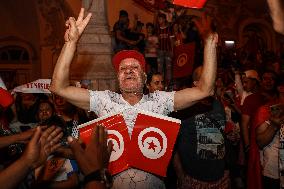 Kais Saied's Supporters Celebrate After Unofficial Results Of Presidential Election In Tunis