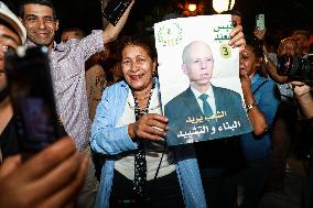 Kais Saied's Supporters Celebrate After Unofficial Results Of Presidential Election In Tunis