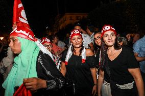 Kais Saied's Supporters Celebrate After Unofficial Results Of Presidential Election In Tunis