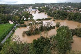 Aerial views - Storm Kirk Causes Flooding Of The Grand-Morin River - Pommeuse