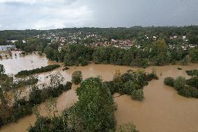 Aerial views - Storm Kirk Causes Flooding Of The Grand-Morin River - Pommeuse