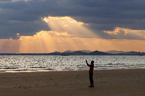 Light Waterfall Over The Sea in Yantai