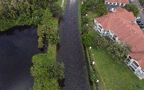 Street Is Flooded During Hurricane Milton In The Hunters Creek Region