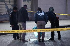 NYPD Crime Scene Investigators Search For Evidence At Scene Of Fatal Shooting In Flatbush Section Of Brooklyn New York