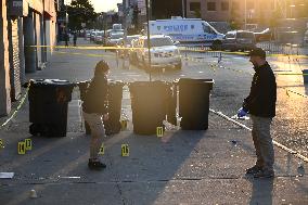 NYPD Crime Scene Investigators Search For Evidence At Scene Of Fatal Shooting In Flatbush Section Of Brooklyn New York