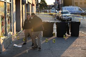 NYPD Crime Scene Investigators Search For Evidence At Scene Of Fatal Shooting In Flatbush Section Of Brooklyn New York