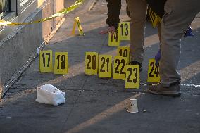 NYPD Crime Scene Investigators Search For Evidence At Scene Of Fatal Shooting In Flatbush Section Of Brooklyn New York