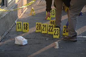 NYPD Crime Scene Investigators Search For Evidence At Scene Of Fatal Shooting In Flatbush Section Of Brooklyn New York