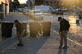 NYPD Crime Scene Investigators Search For Evidence At Scene Of Fatal Shooting In Flatbush Section Of Brooklyn New York