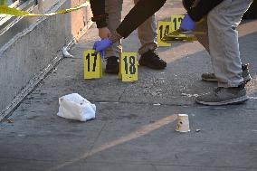 NYPD Crime Scene Investigators Search For Evidence At Scene Of Fatal Shooting In Flatbush Section Of Brooklyn New York