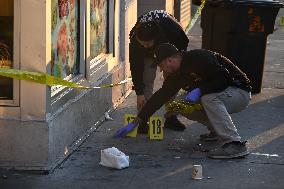 NYPD Crime Scene Investigators Search For Evidence At Scene Of Fatal Shooting In Flatbush Section Of Brooklyn New York