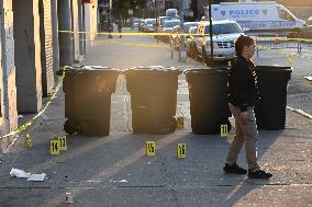 NYPD Crime Scene Investigators Search For Evidence At Scene Of Fatal Shooting In Flatbush Section Of Brooklyn New York