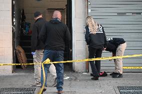 NYPD Crime Scene Investigators Search For Evidence At Scene Of Fatal Shooting In Flatbush Section Of Brooklyn New York