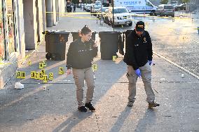 NYPD Crime Scene Investigators Search For Evidence At Scene Of Fatal Shooting In Flatbush Section Of Brooklyn New York