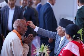 Nepal President Ram Chandra Paudel Offers "Tika" To Public On Vijaya Dashami