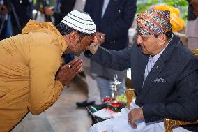 Nepal's Former King Gyanendra Bir Bikram Shah Offers "Tika" To Public On Dashain