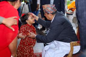 Nepal's Former King Gyanendra Bir Bikram Shah Offers "Tika" To Public On Dashain