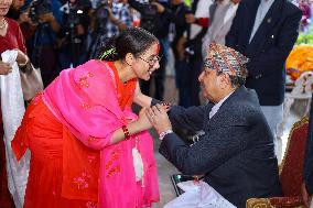 Nepal's Former King Gyanendra Bir Bikram Shah Offers "Tika" To Public On Dashain