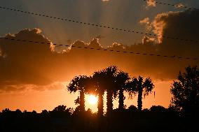 Sunset Between Clouds And Trees, In Florida