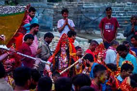 Devotees Immersing Durga Idol In Bagmati River, Nepal.