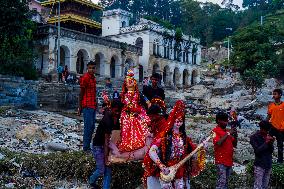 Devotees Immersing Durga Idol In Bagmati River, Nepal.