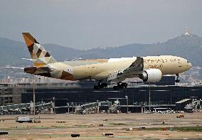 Boeing 777 of Etihad Cargo landing in Barcelona