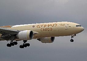 Boeing 777 of Etihad Cargo landing in Barcelona