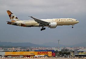 Boeing 777 of Etihad Cargo landing in Barcelona