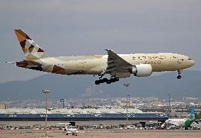 Boeing 777 of Etihad Cargo landing in Barcelona