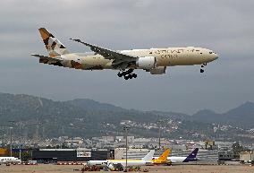 Boeing 777 of Etihad Cargo landing in Barcelona