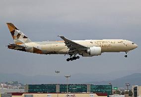 Boeing 777 of Etihad Cargo landing in Barcelona