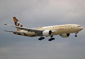 Boeing 777 of Etihad Cargo landing in Barcelona