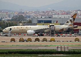 Boeing 777 of Etihad Cargo landing in Barcelona