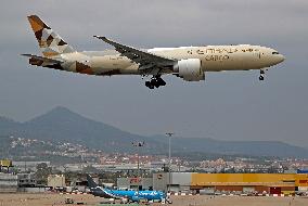 Boeing 777 of Etihad Cargo landing in Barcelona