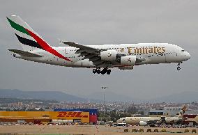 Emirates Airbus A380 landing in Barcelona