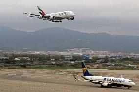 Emirates Airbus A380 landing in Barcelona