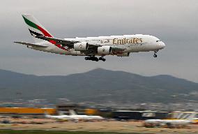 Emirates Airbus A380 landing in Barcelona