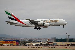 Emirates Airbus A380 landing in Barcelona