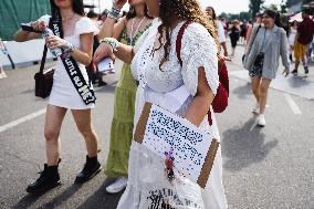 Taylor Swift Fans Gather Outside The San Siro Stadium For The Italian Concert Of The Eras Tour In Milan