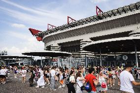 Taylor Swift Fans Gather Outside The San Siro Stadium For The Italian Concert Of The Eras Tour In Milan