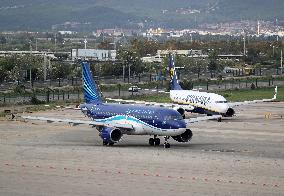 Diverse aircraft on the takeoff runway