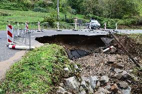 A Collapsed Road After Flooding In The Rhone Valley