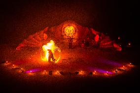 Fire Performance During Closing Ceromoney Of "Monument Arles" Festival In Arles, France.