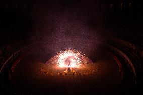 Fire Performance During Closing Ceromoney Of "Monument Arles" Festival In Arles, France.