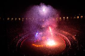 Fire Performance During Closing Ceromoney Of "Monument Arles" Festival In Arles, France.