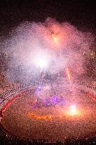 Fire Performance During Closing Ceromoney Of "Monument Arles" Festival In Arles, France.