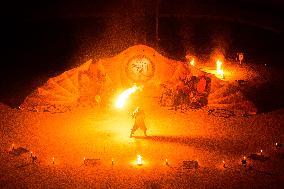 Fire Performance During Closing Ceromoney Of "Monument Arles" Festival In Arles, France.