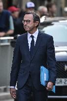 French Interior Minister Bruno Retailleau exits the Elysee Palace FA